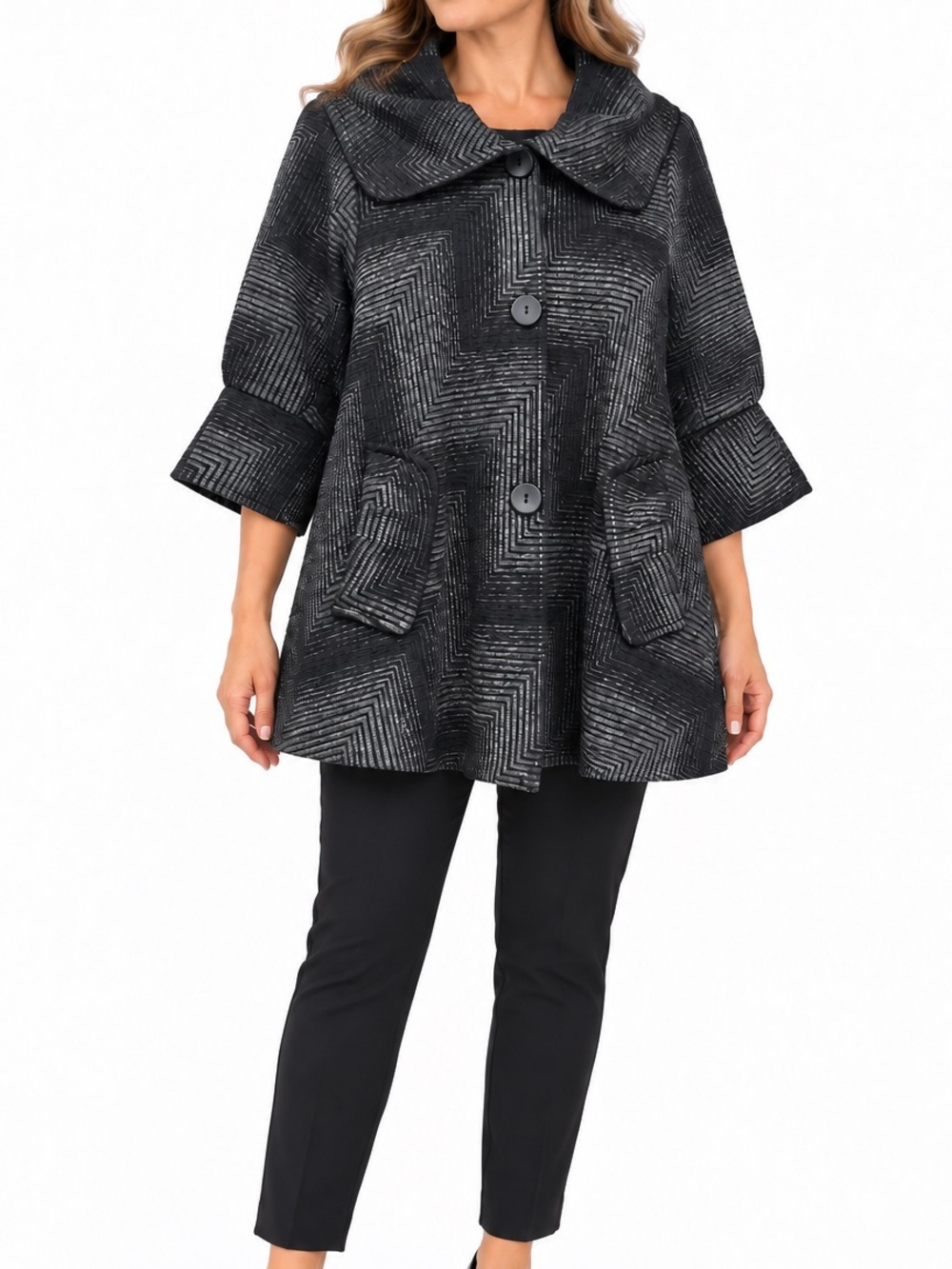 Damee Inc Womens Black Gray Geometric Crinkle Swing Coat Jacket L